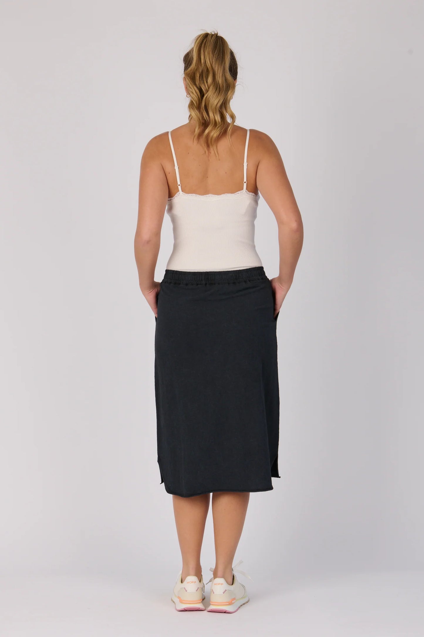 Curved Hem Midi Skirt | Washed Black