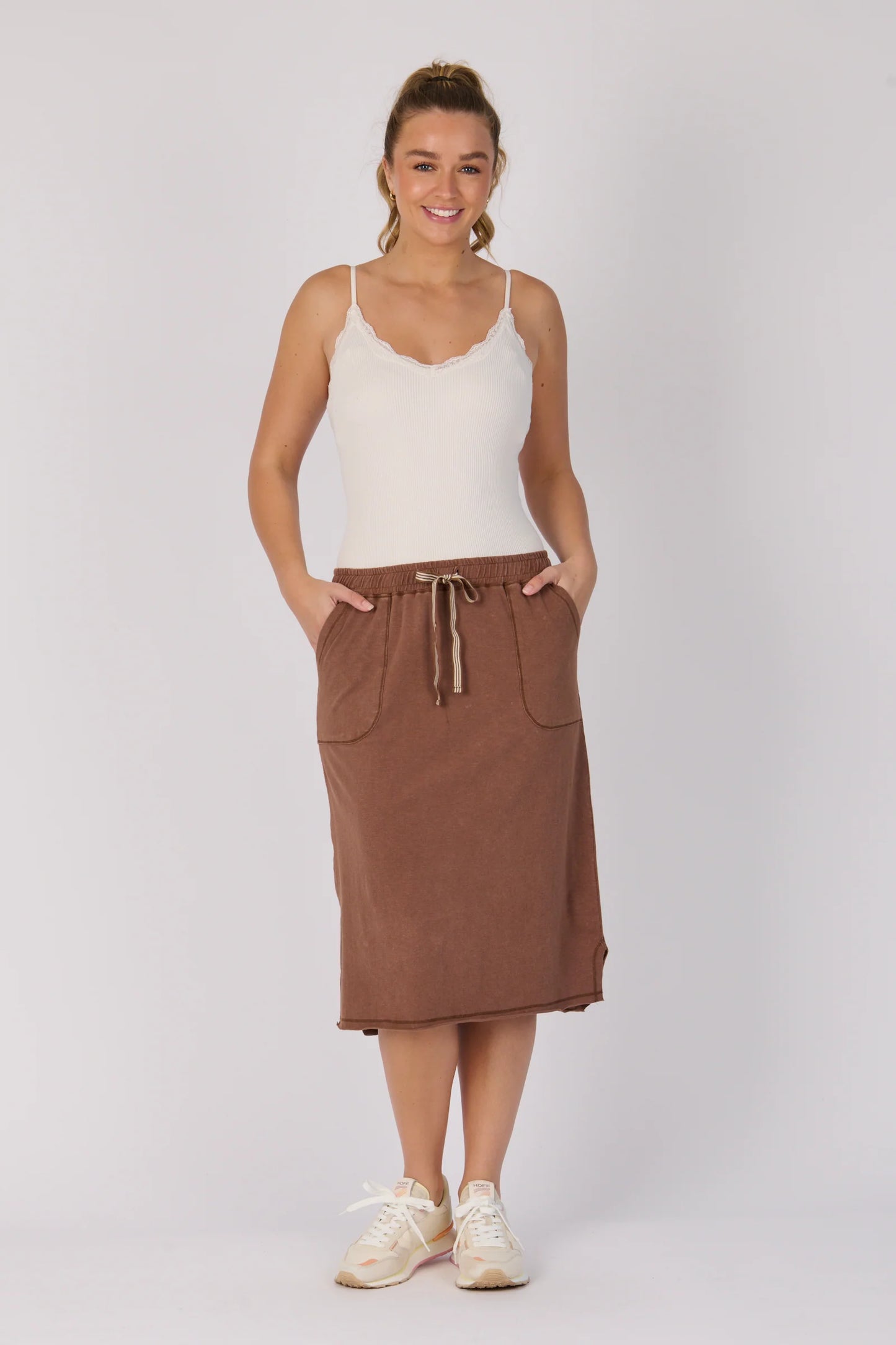 Curved Hem Midi Skirt | Cocoa Brown
