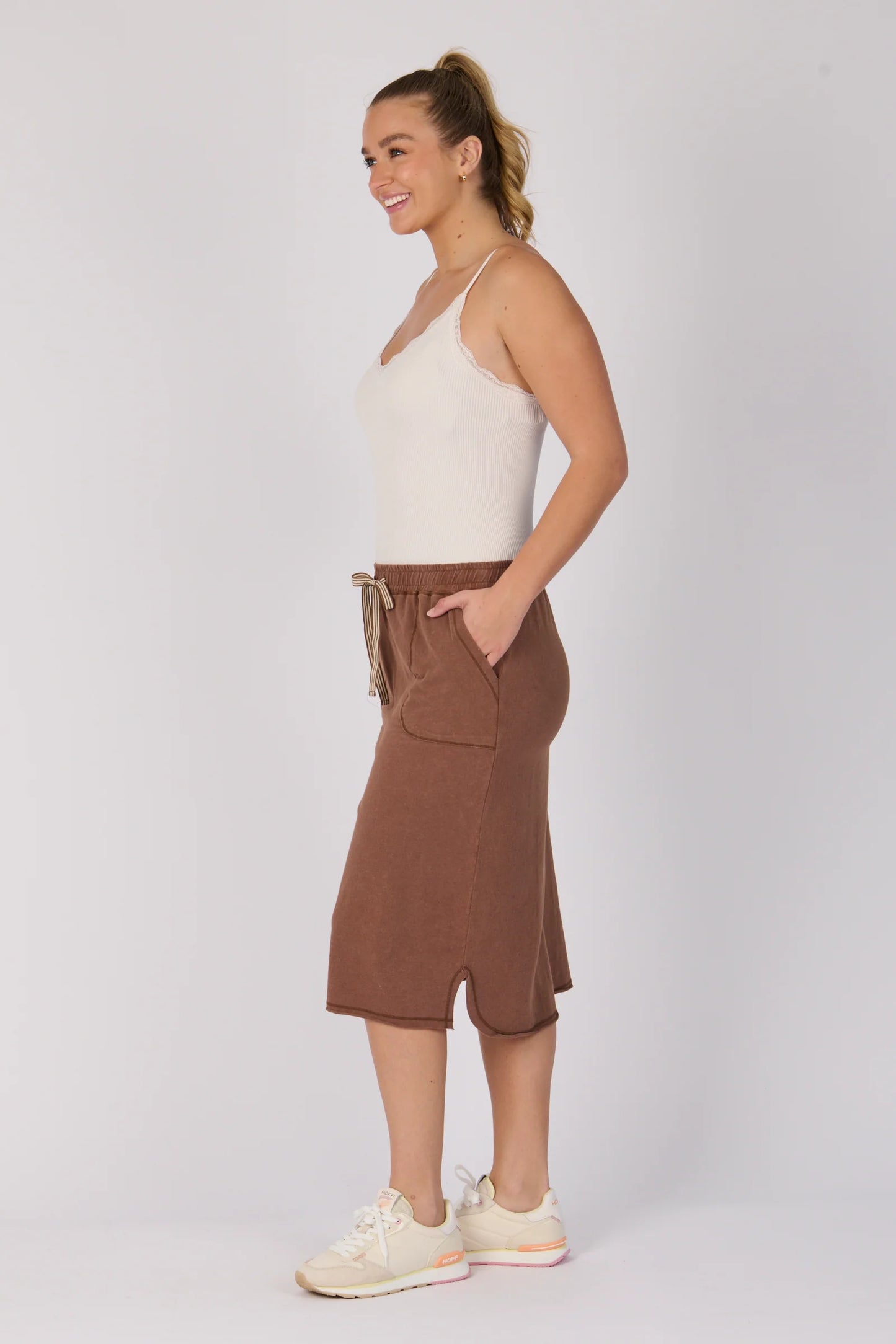 Curved Hem Midi Skirt | Cocoa Brown