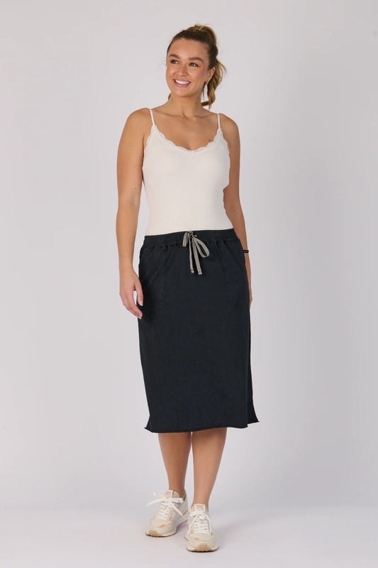 Curved Hem Midi Skirt | Washed Black