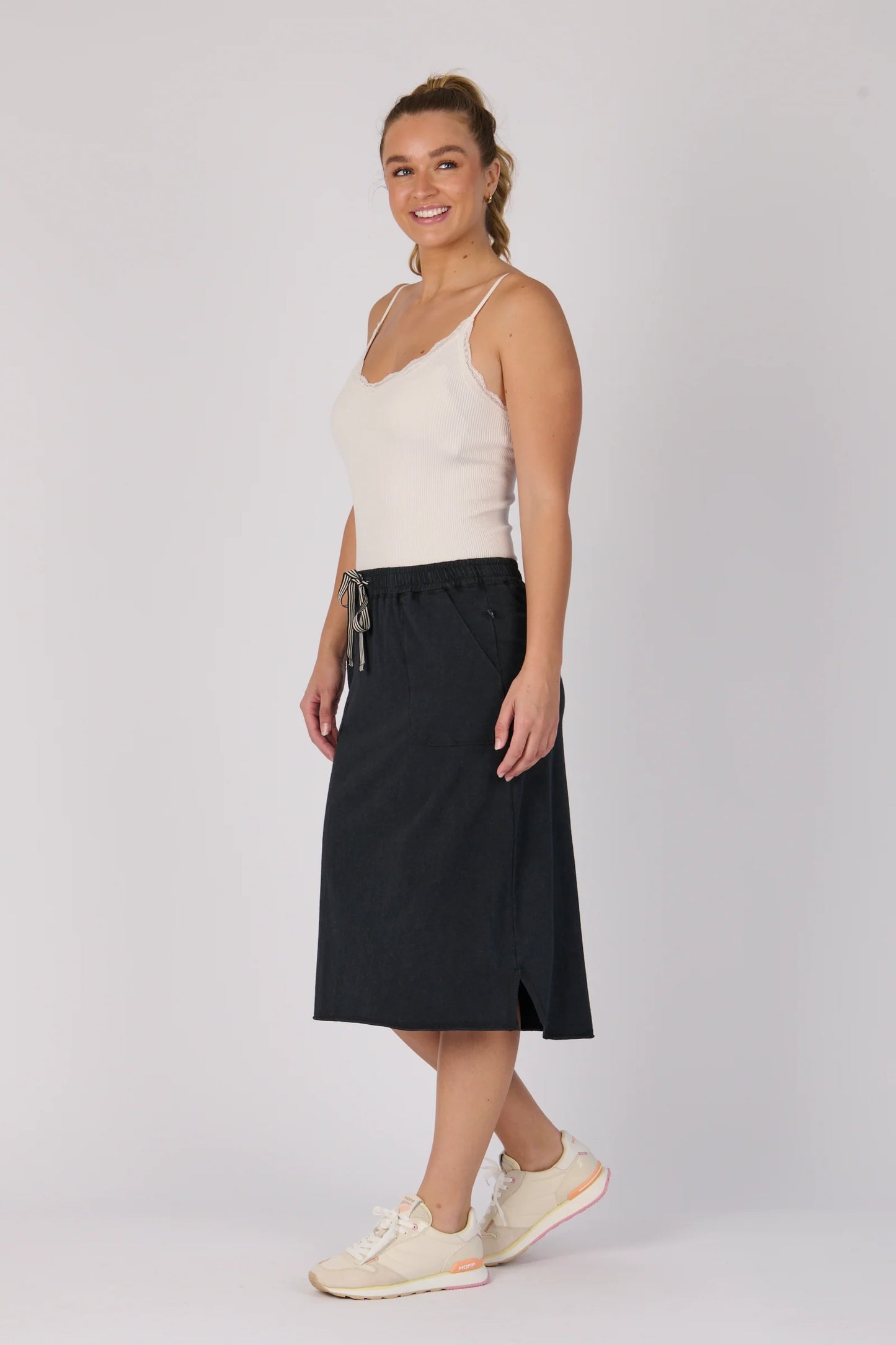 Curved Hem Midi Skirt | Washed Black