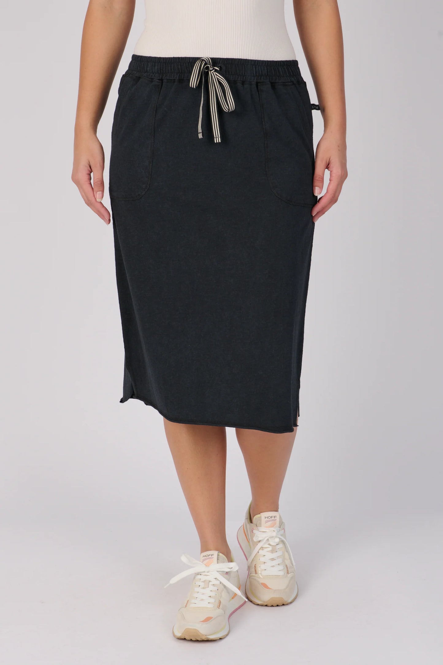 Curved Hem Midi Skirt | Washed Black