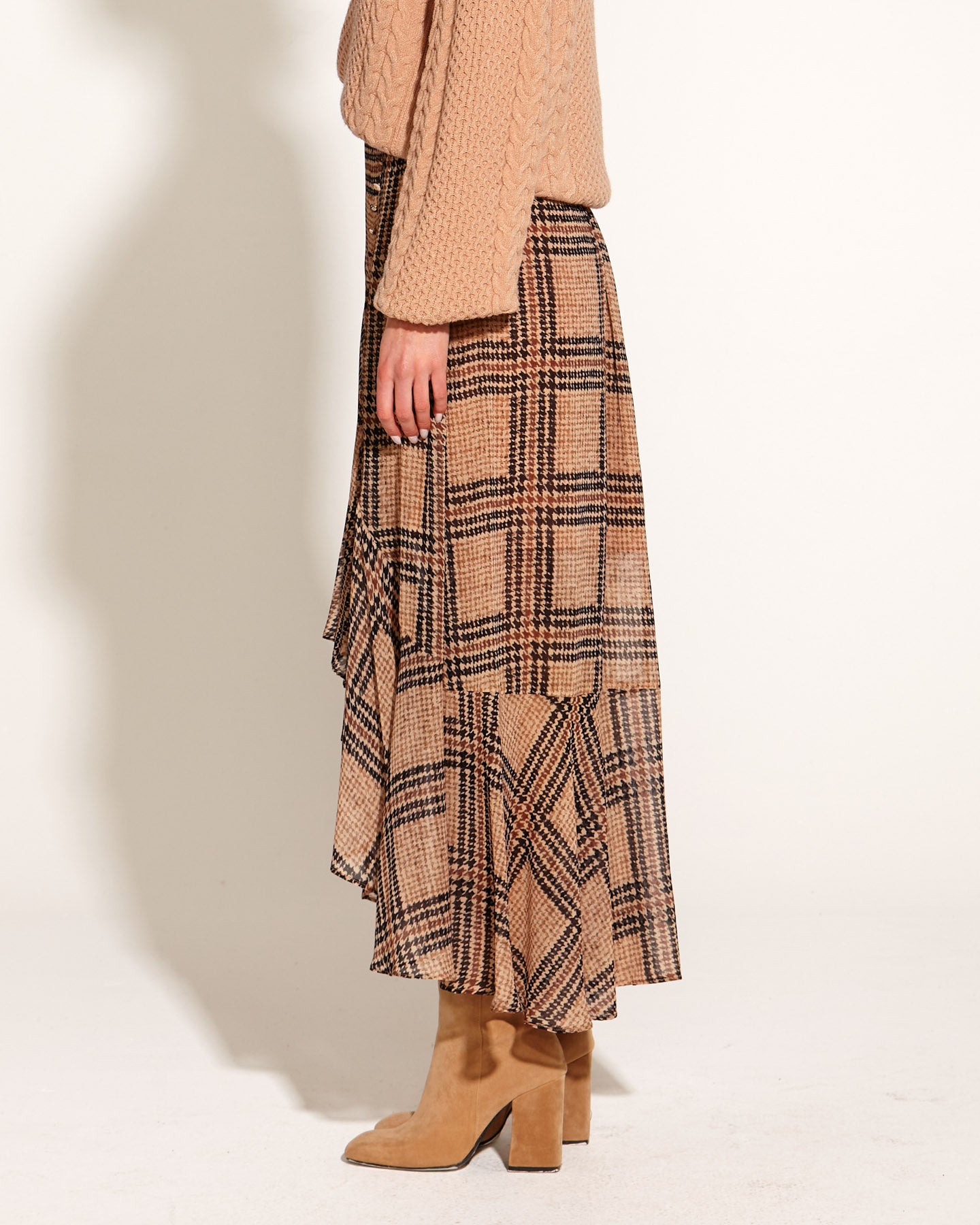 Something Beautiful Side Split Sheer Lined Midi Skirt | Tan Houndstooth Check