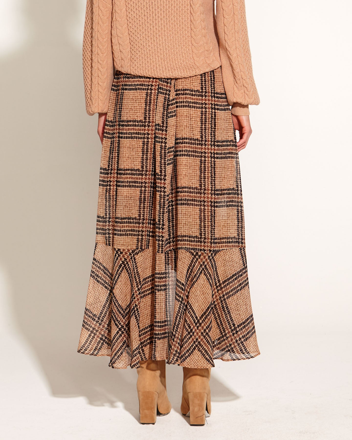 Something Beautiful Side Split Sheer Lined Midi Skirt | Tan Houndstooth Check