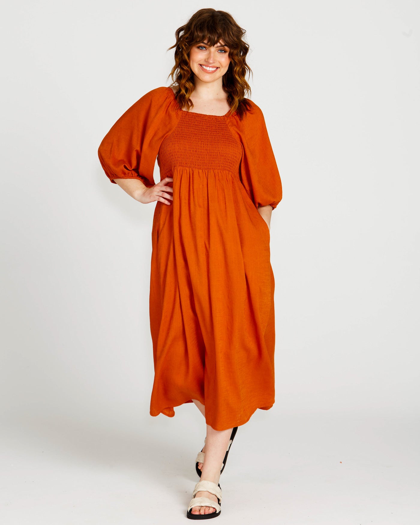 Francesca Puff Sleeve Midi Dress | Rust