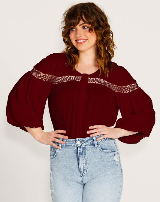 Rava Boho 3/4 Sleeve Top | Wine