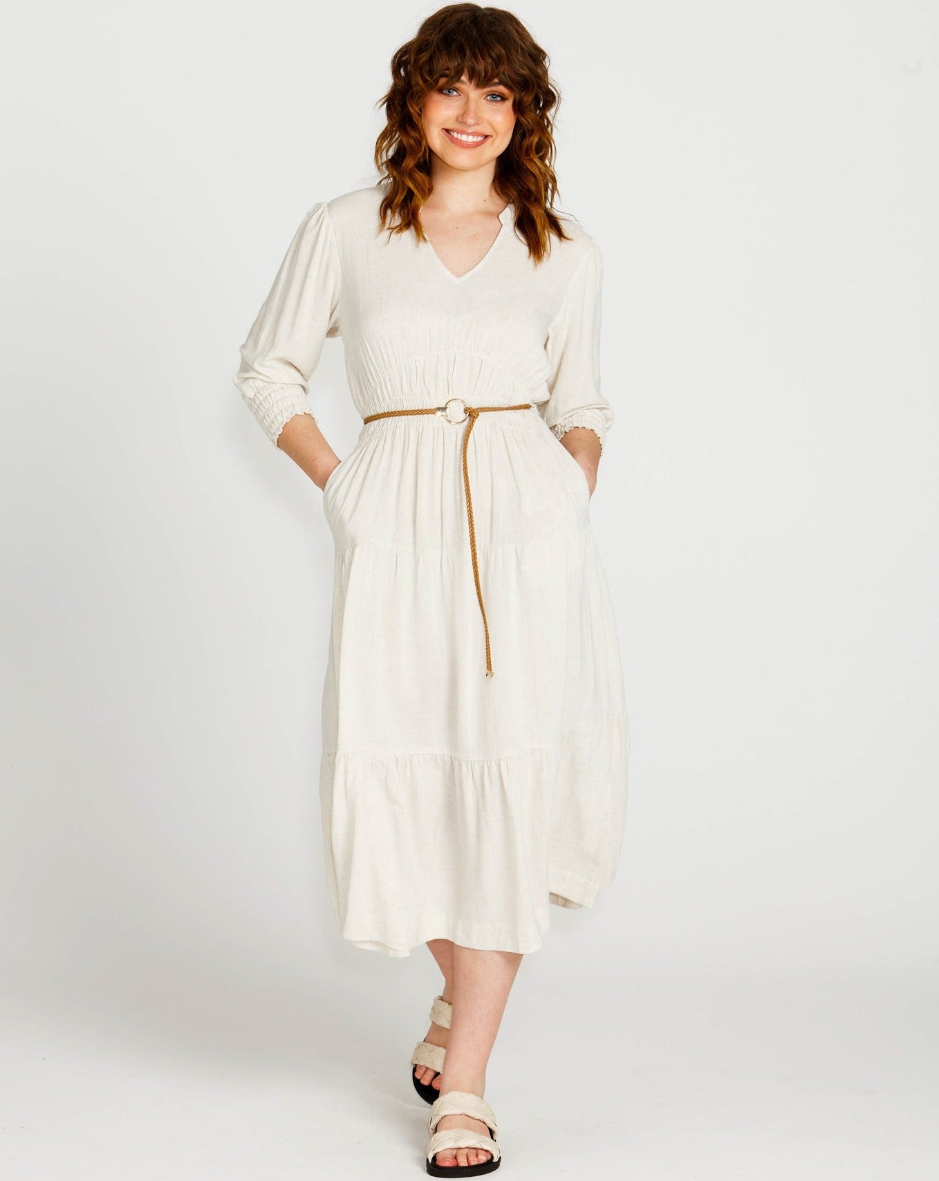 Portia Elastic Waist Tiered Midi Flowy Dress | Oatmeal Beige