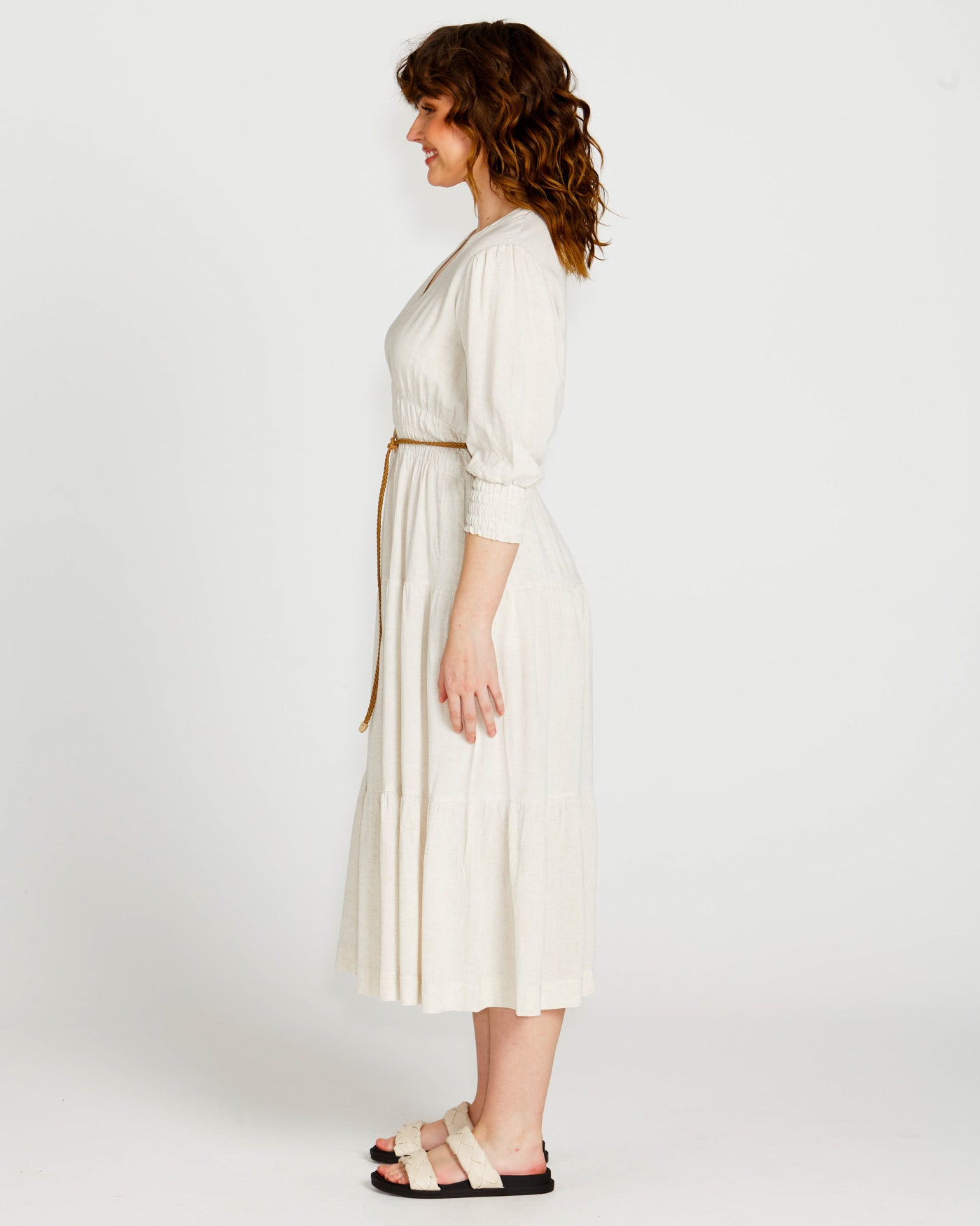 Portia Elastic Waist Tiered Midi Flowy Dress | Oatmeal Beige