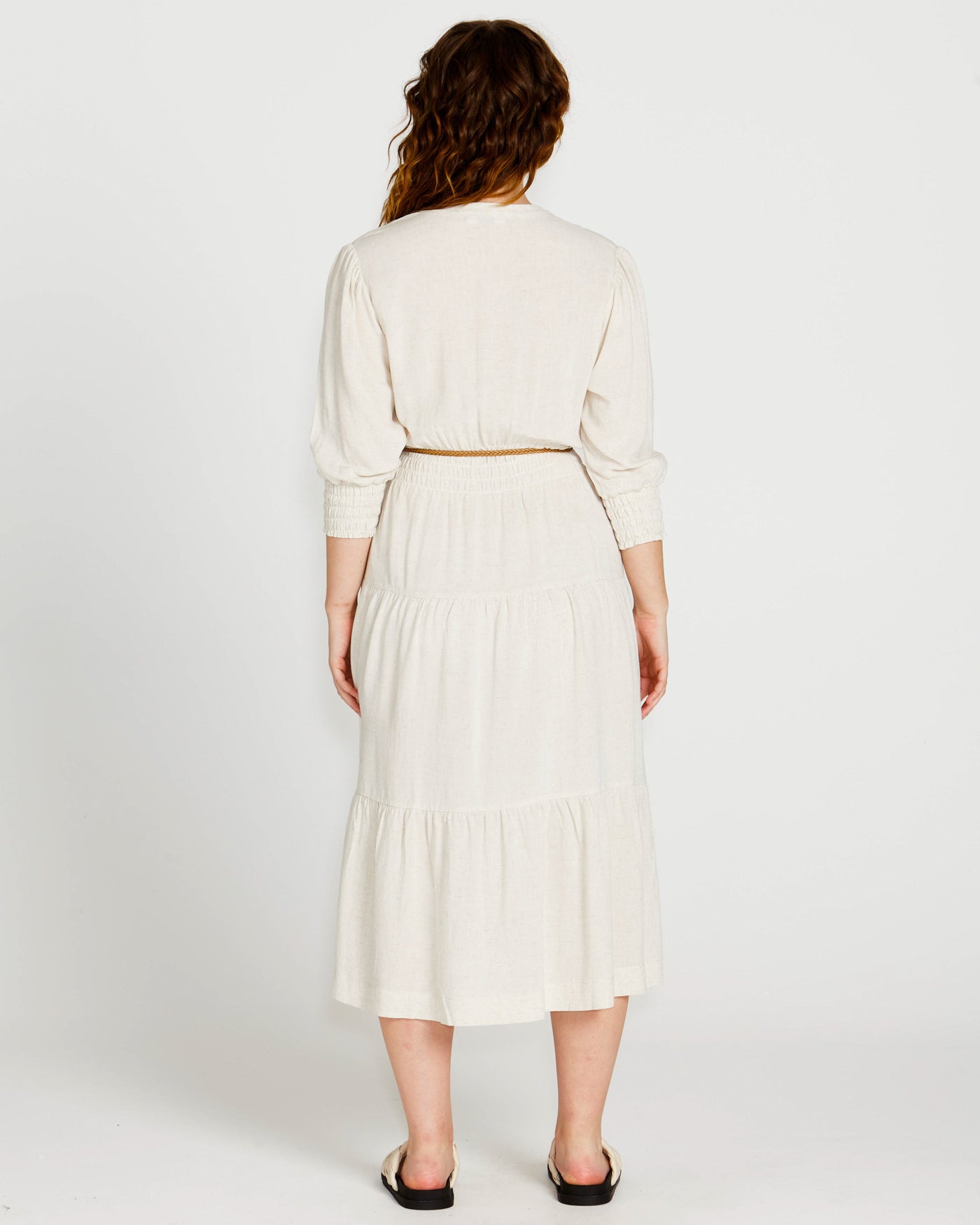 Portia Elastic Waist Tiered Midi Flowy Dress | Oatmeal Beige