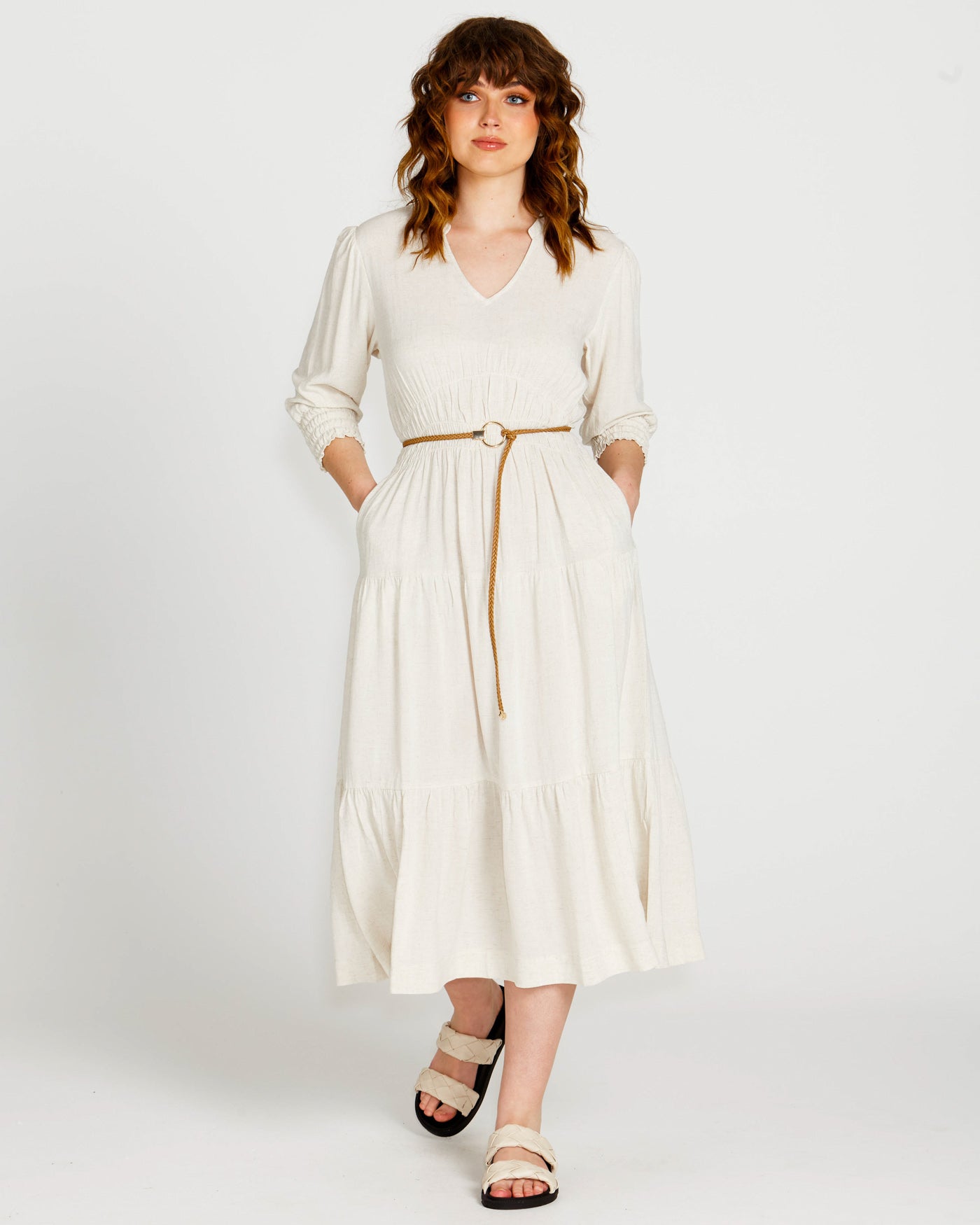 Portia Elastic Waist Tiered Midi Flowy Dress | Oatmeal Beige