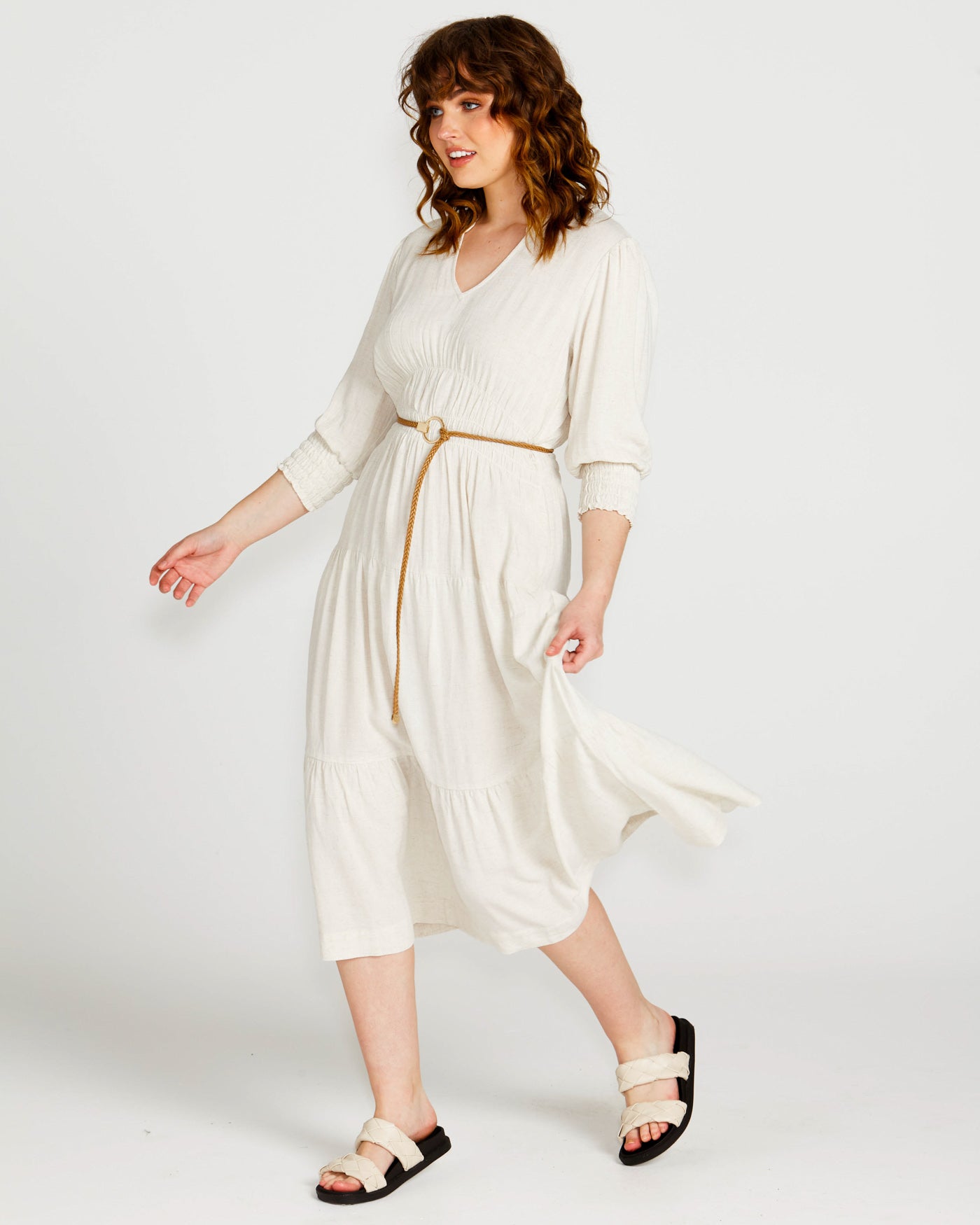 Portia Elastic Waist Tiered Midi Flowy Dress | Oatmeal Beige