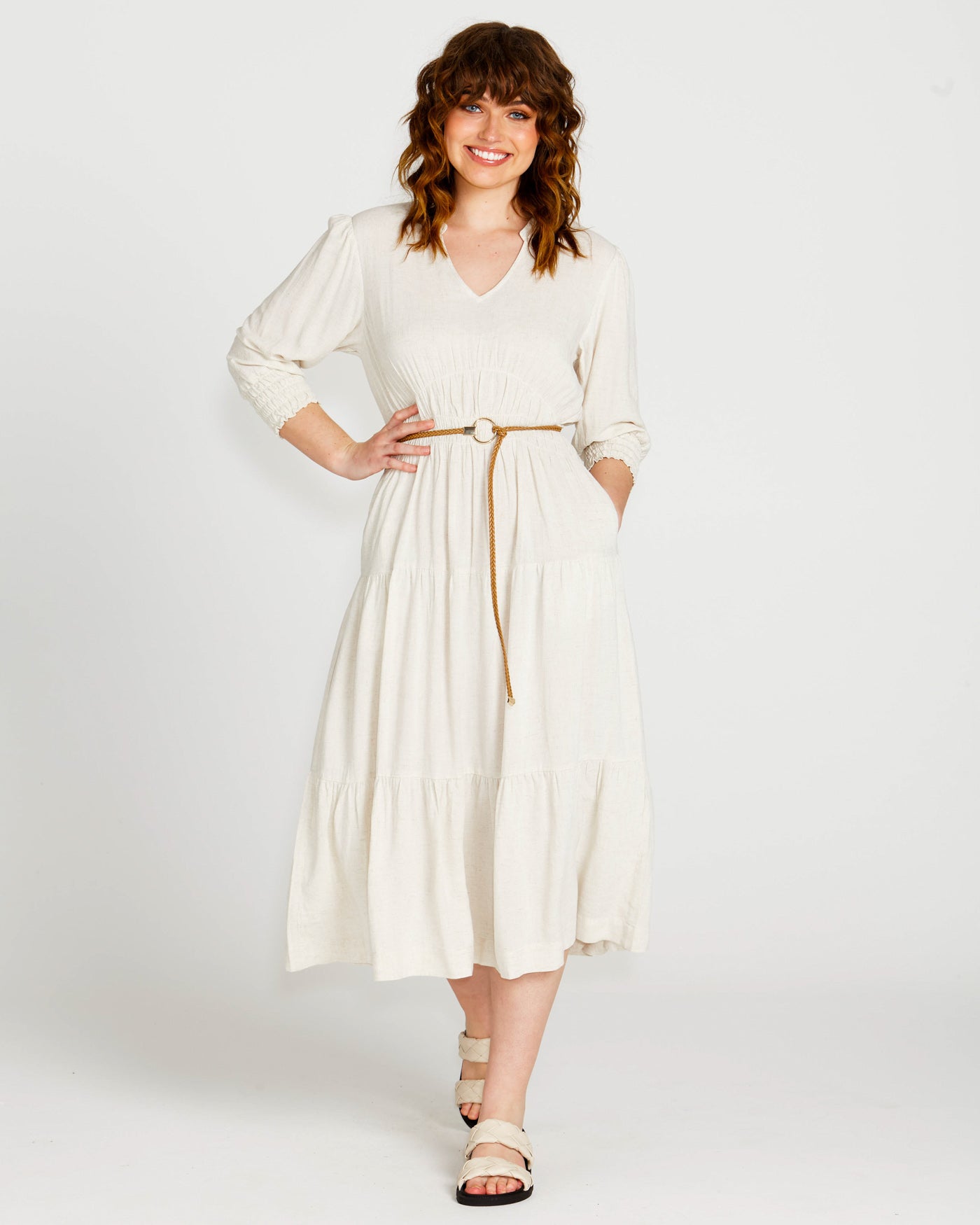 Portia Elastic Waist Tiered Midi Flowy Dress | Oatmeal Beige