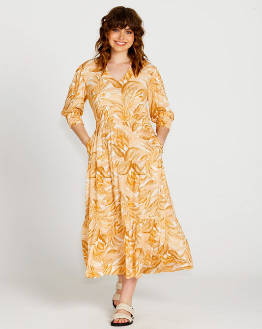 Portia Elastic Waist Tiered Midi Flowy Dress | Palm Springs Yellow