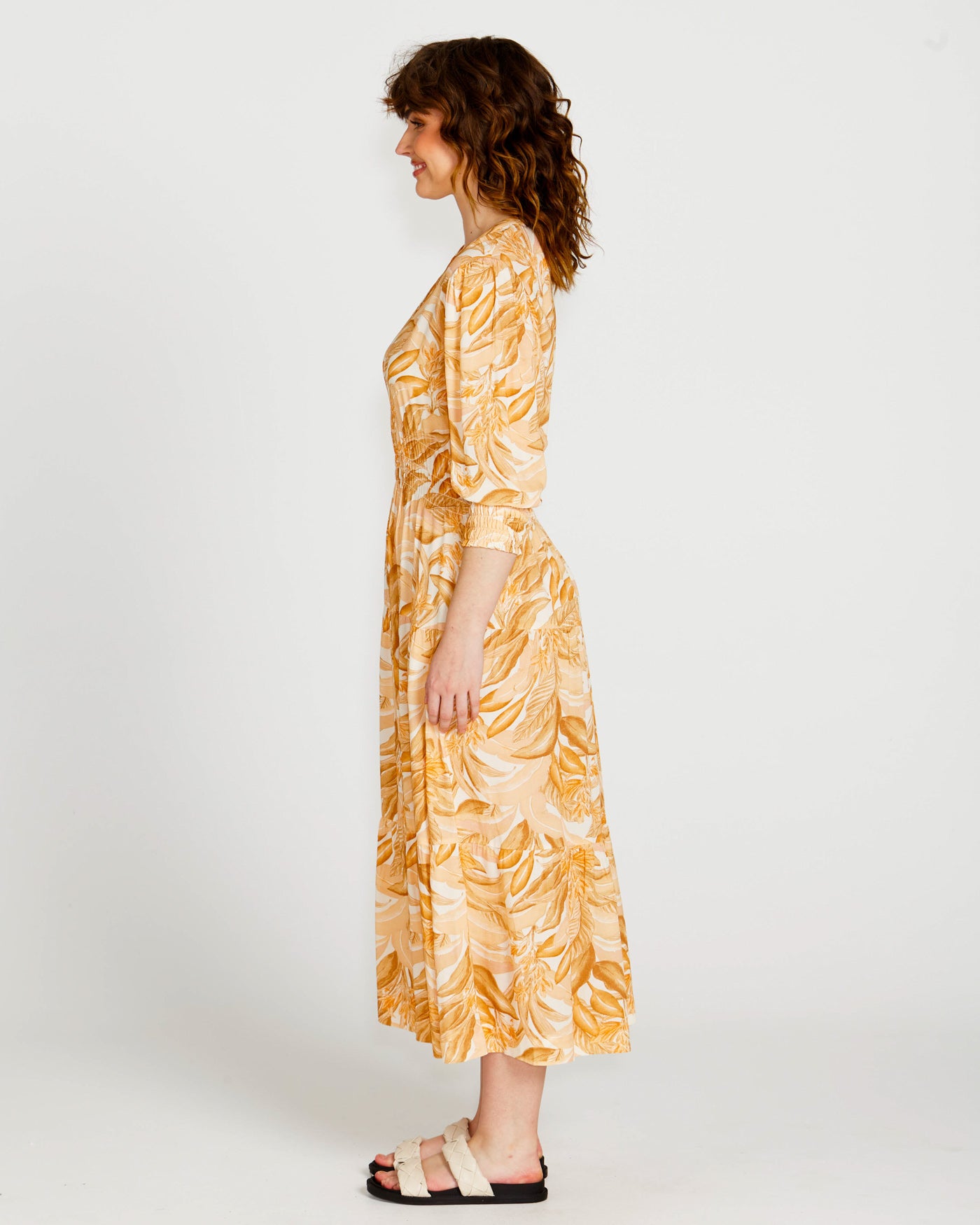 Portia Elastic Waist Tiered Midi Flowy Dress | Palm Springs Yellow