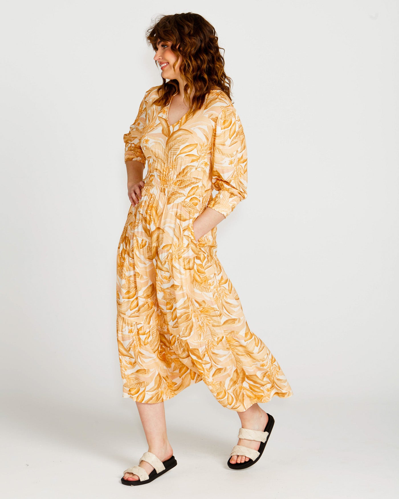 Portia Elastic Waist Tiered Midi Flowy Dress | Palm Springs Yellow