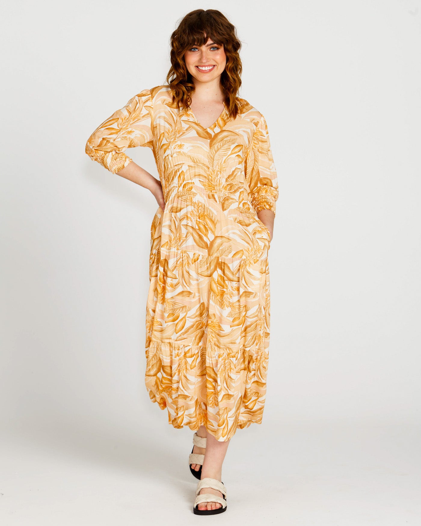 Portia Elastic Waist Tiered Midi Flowy Dress | Palm Springs Yellow