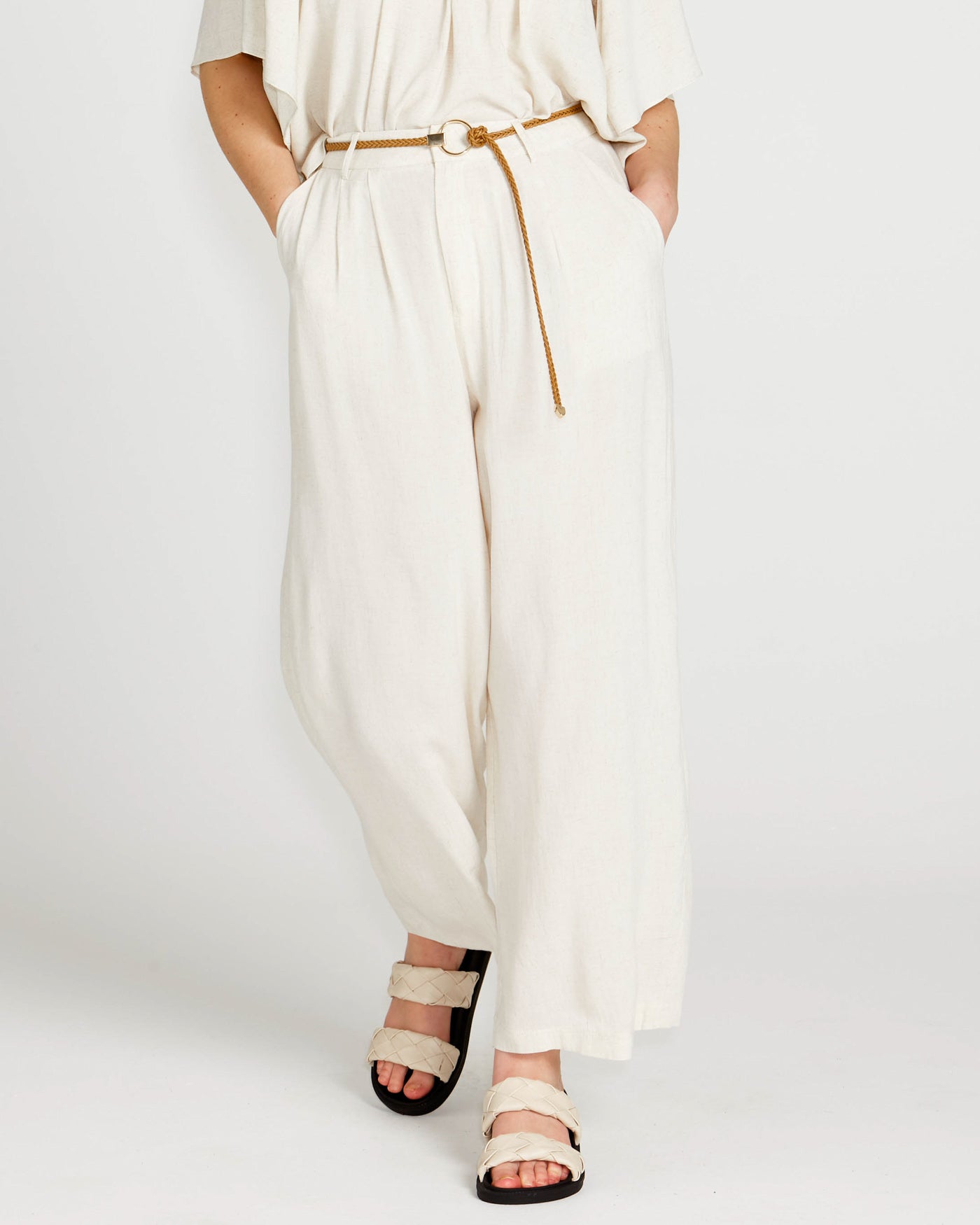 Portia Elastic Wide Leg Pants With Belt | Oatmeal