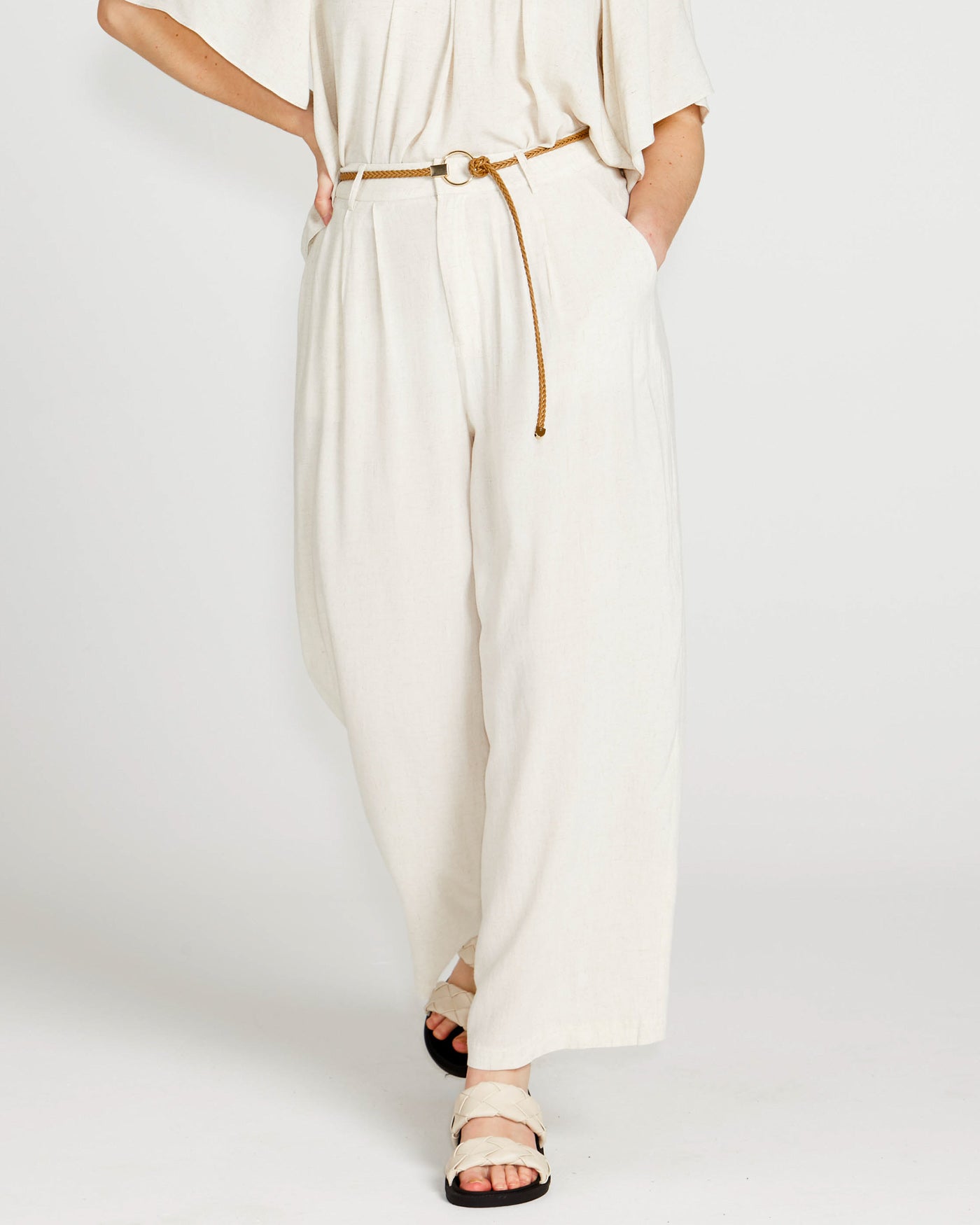 Portia Elastic Wide Leg Pants With Belt | Oatmeal