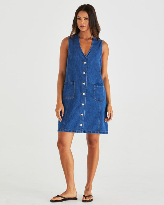 Sabine Denim Vest Dress |Mid Blue Wash