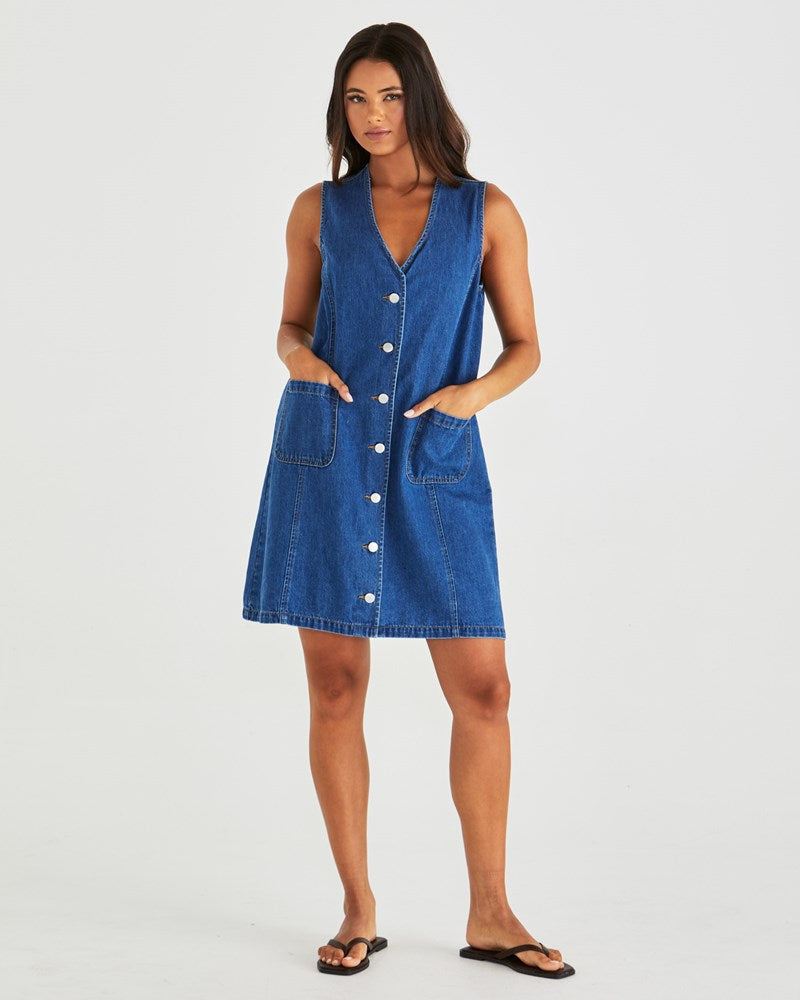 Sabine Denim Vest Dress |Mid Blue Wash