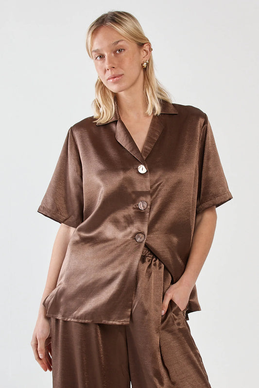 Eddy Crushed Satin Shirt | Chocolate Brown