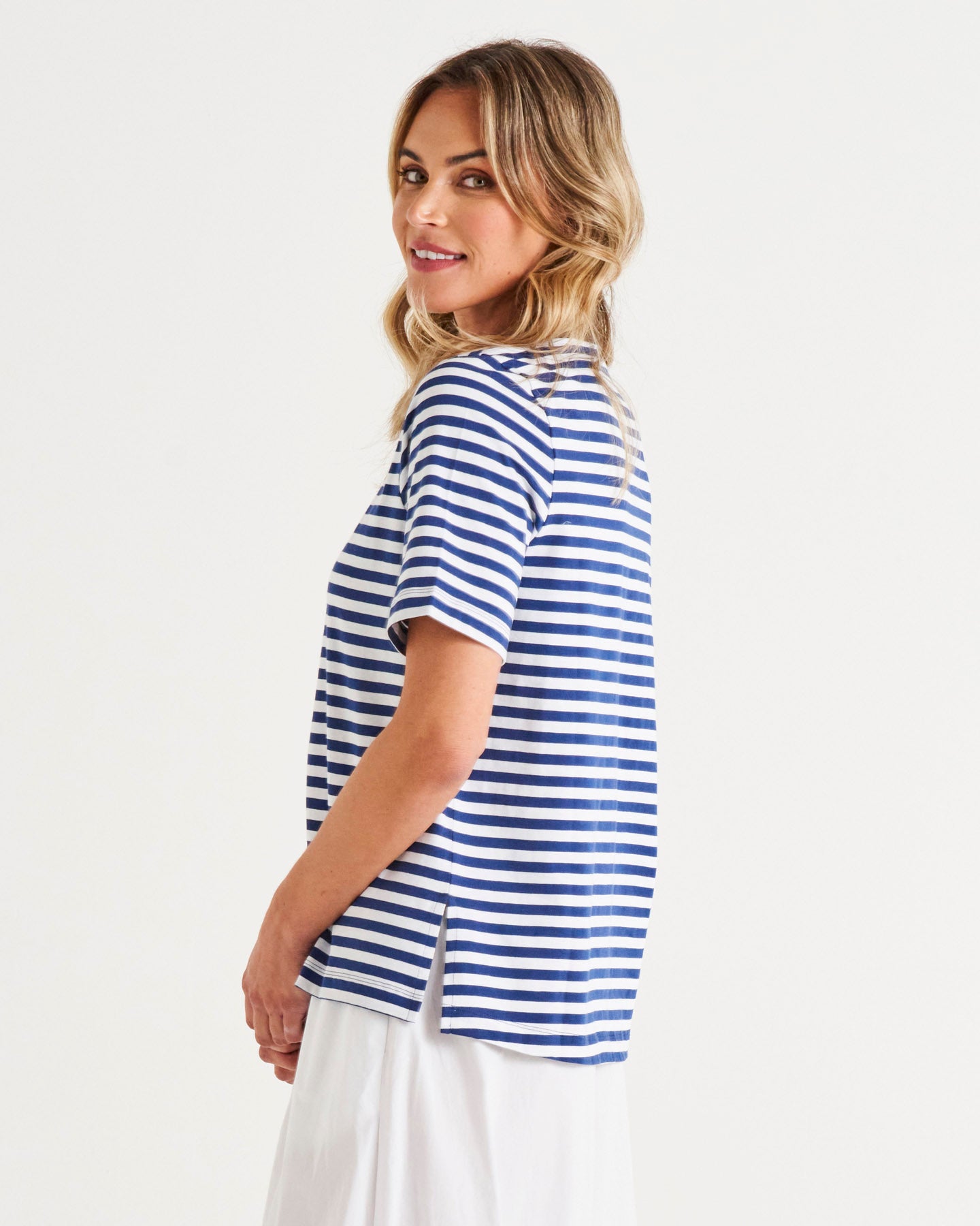 Mia Split Hem Tee | Ocean Stripe