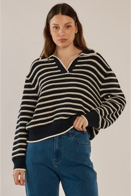 Aberdeen Polo Knit Sweat | Navy Stripe