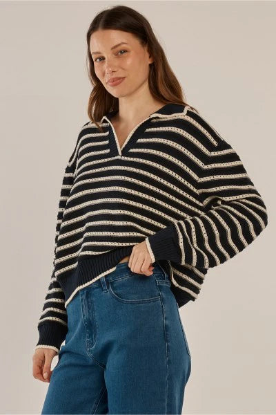 Aberdeen Polo Knit Sweat | Navy Stripe