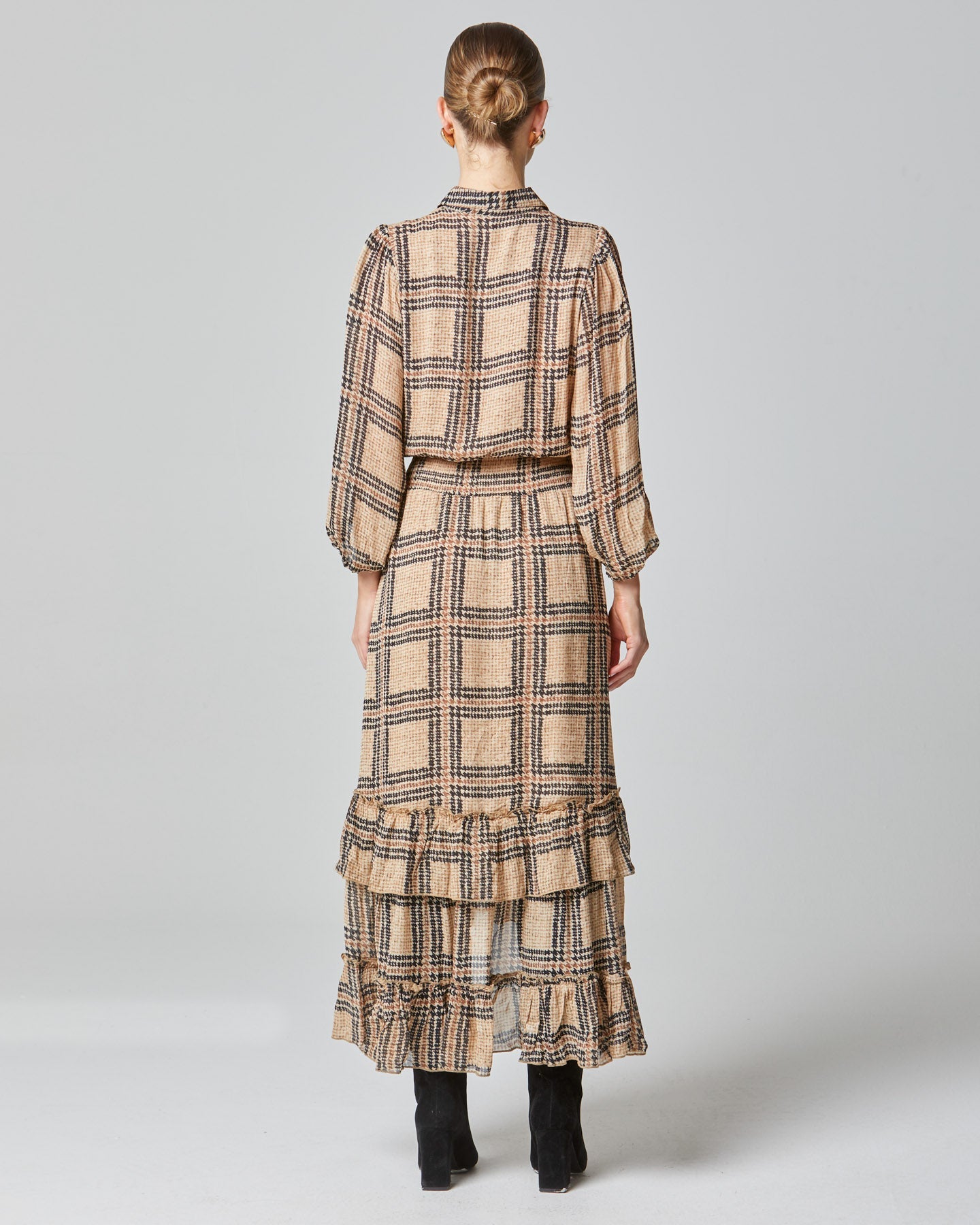 Something Beautiful Midi Puff Sleeve Shirt Frill Hem Dress | Tan Houndstooth Check